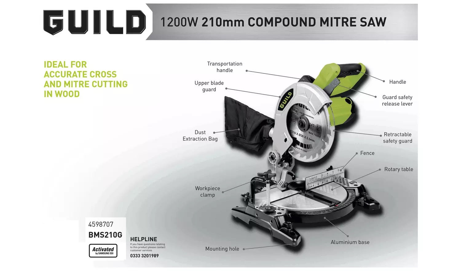 Guild 210mm sliding mitre shop saw with laser