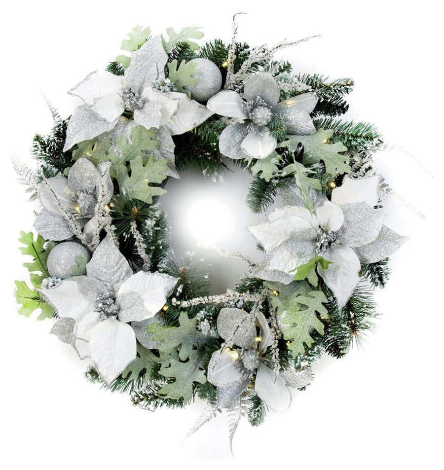 Premier Decorations 60cm Pre-Lit Poinsettia Christmas Wreath - White & Green