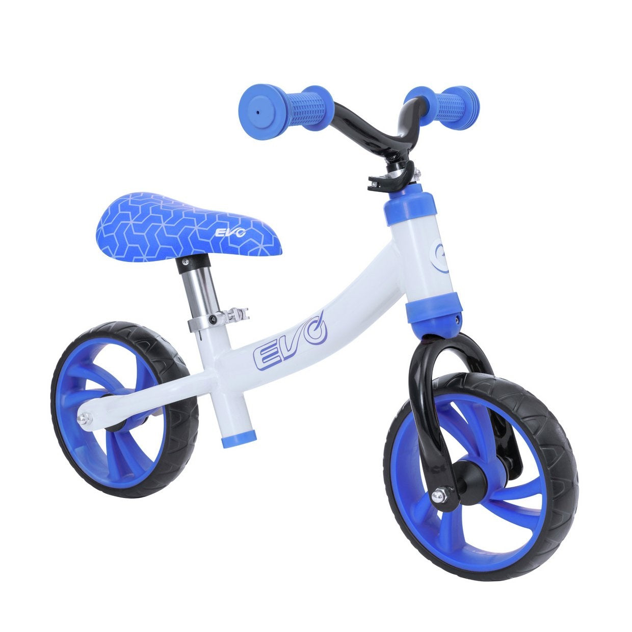 Evo 10 Toddlers Balance Bike in White Blue With Adjustable Seat Handle Height