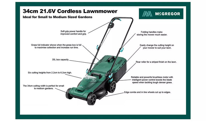 McGregor MCR2134A 34cm Cordless Rotary Lawnmower - 21.6V