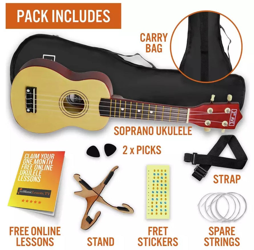 3rd Avenue Soprano Ukulele 21-Inch Beginner Pack - Natural