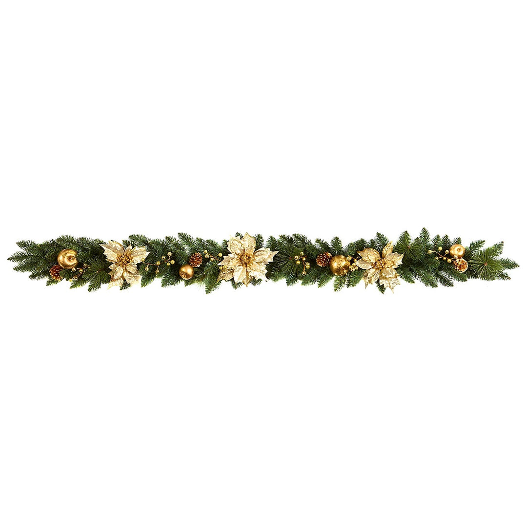 Premier Decorations 1.8M (6ft) Gold Poinsettia Christmas Garland with Pinecones