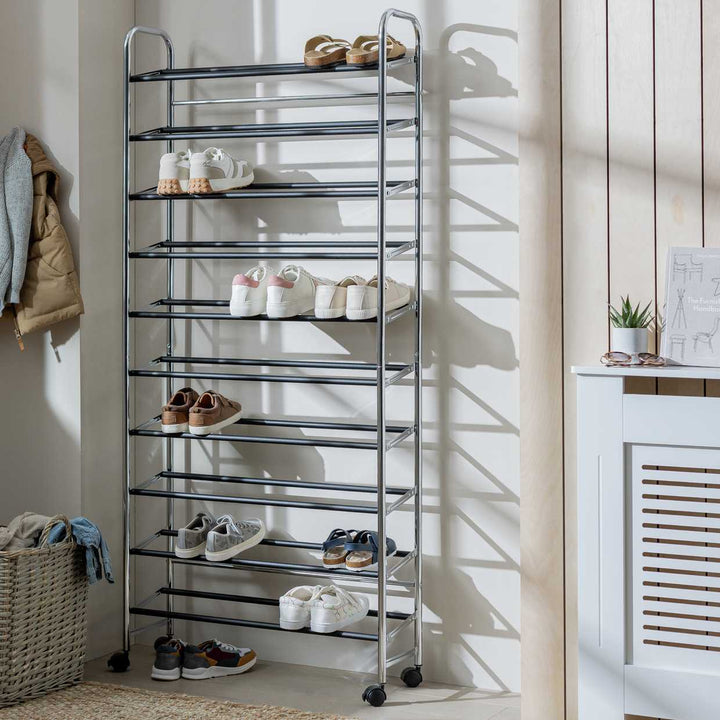 Home 10 Shelf Rolling Shoe Storage Rack - Chrome