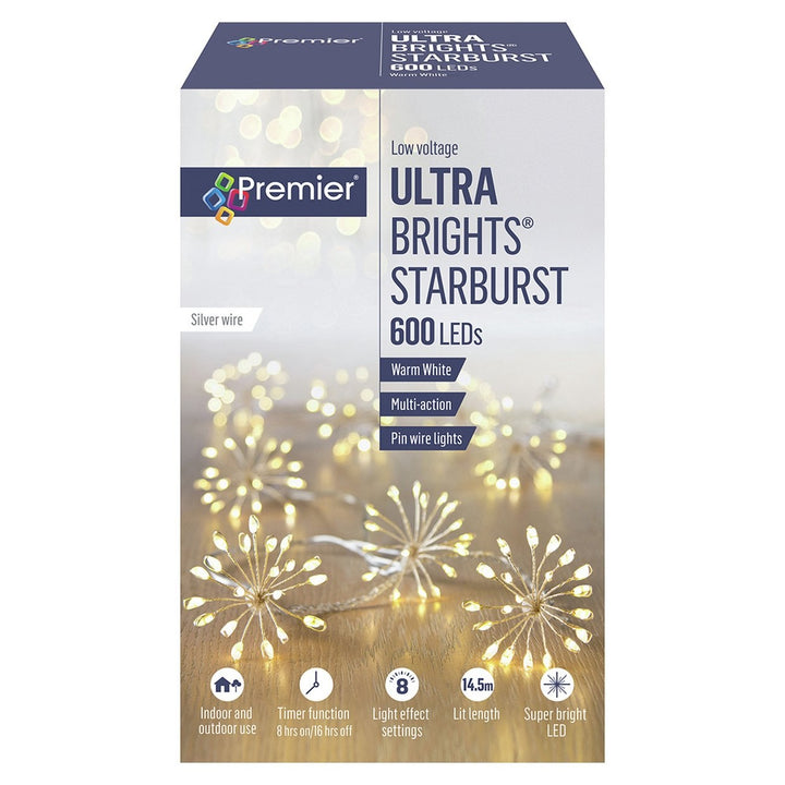 Premier Decorations 400 Multi-Action Warm White LED Starburst String Lights & Timer