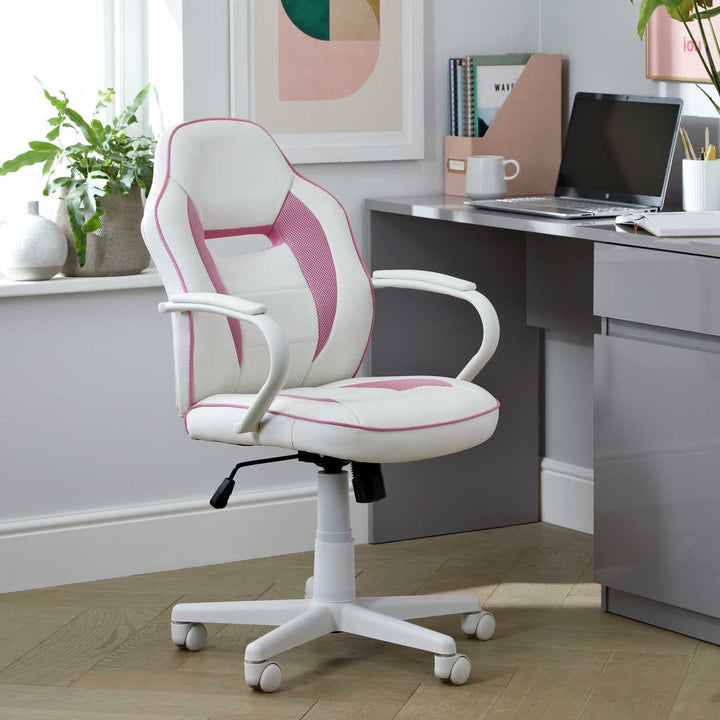 Home Faux Leather Mid Back Gaming Chair - White & Pink