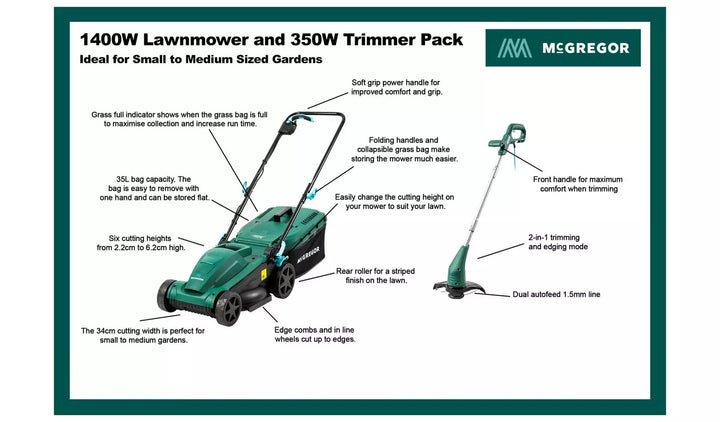 McGregor 1400w Corded 34cm Rotary Lawnmower and 350w 25cm Grass Trimmer