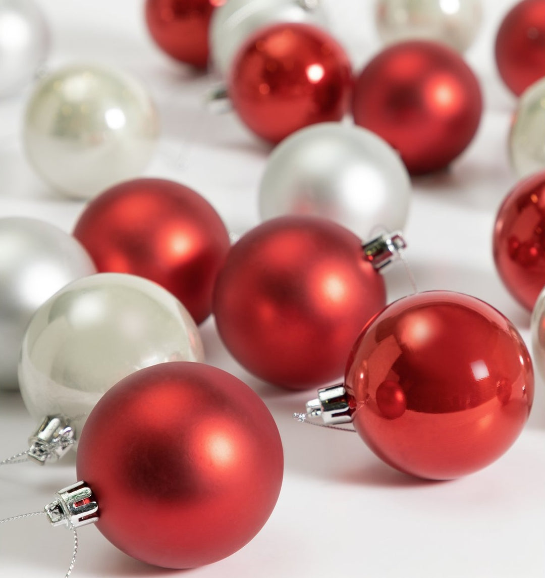 Home Pack of 24 Christmas Baubles - Red & Silver