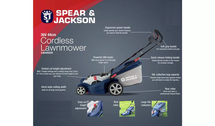 Spear & Jackson S3644X2CR 44cm Cordless Rotary Lawnmower With 1 Battery - 36V