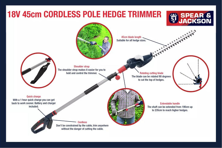 Spear & Jackson 45cm Cordless Pole Hedge Trimmer - 18V - S18EHP