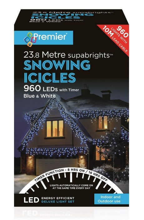 Premier 960 LED Snowing Icicles Timer Christmas Lights - Blue & White